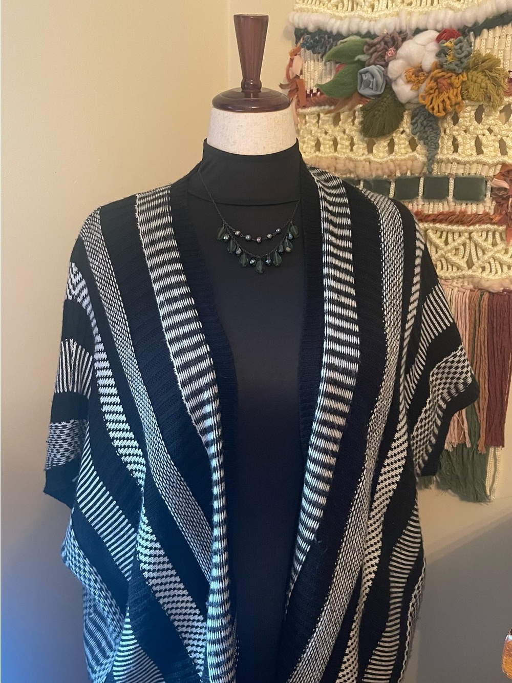 united states sweaters Black & White Striped Open-Front Wrap Sweater